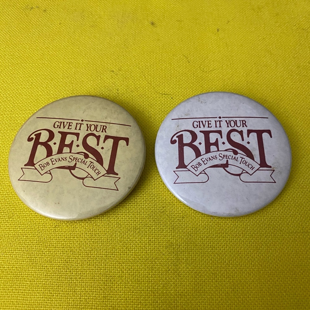 Lot of (2) Vintage Bob Evans Special Touch Pin Back Button
